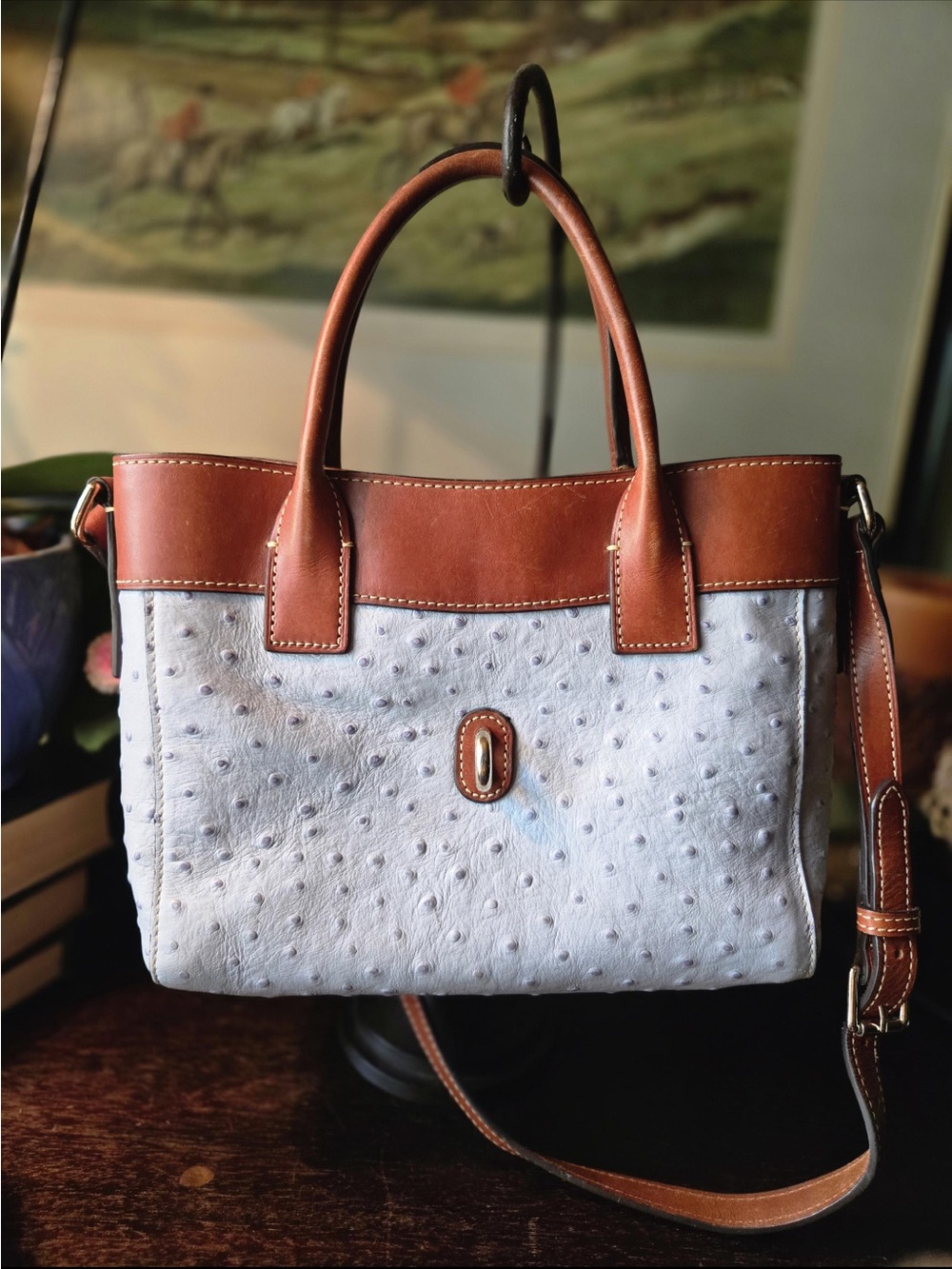 Dooney & Bourke
Beautiful light blue Ostrich 
Leather Satchel with Brown Triim - Picture 5 of 16